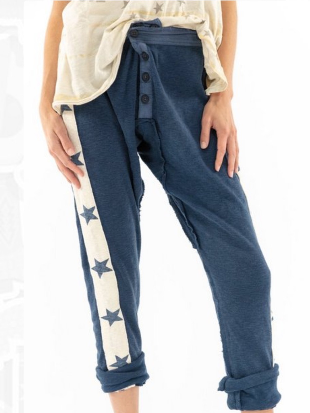 Magnolia Pearl Navy Blue Leggings with Cream Star Stripe